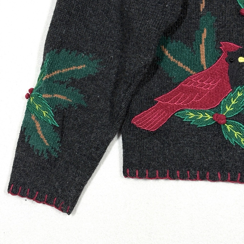 Vintage Christmas Sweater‎ Women Medium Cardigan Cardinal Holly Embroidered 90s - Picture 3 of 13